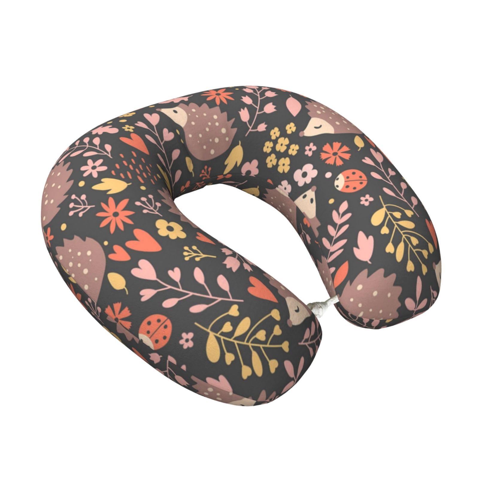 LKYMOH Hedgehog And Flowers, Travel Neck Pillow U-Shaped Memory Neck Support Soft Comfortable With Washable Cover For Airplane Car Traveling and Office