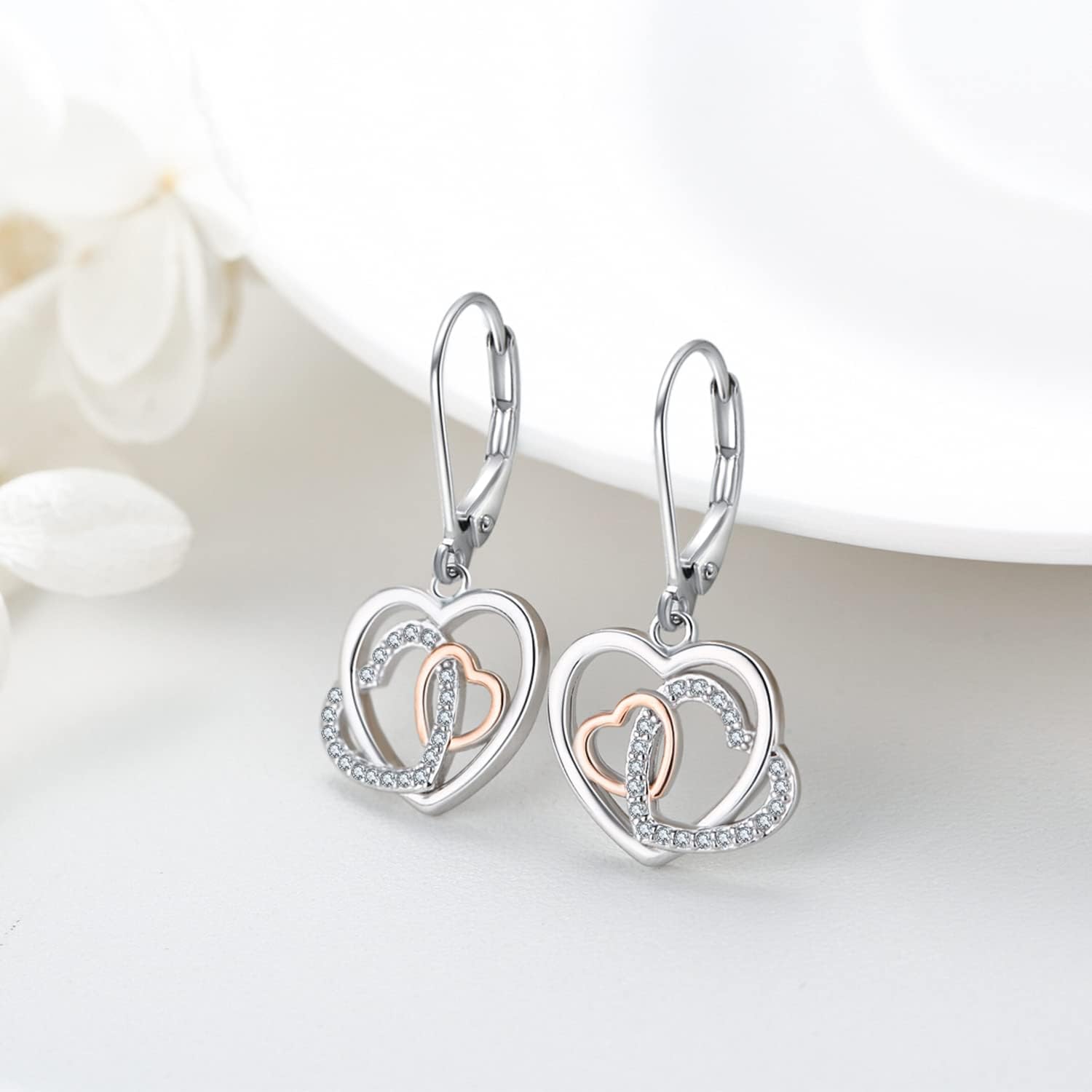 Birthstone Drop Earring 925 Sterling Silver Heart Dangle Earrings Double Heart Jewelry Gifts for Women Valentine's Day - Image 4