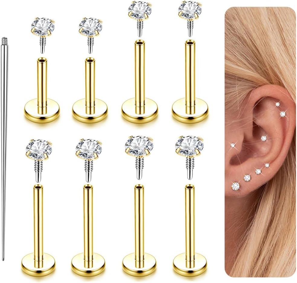 LOLIAS 16G Flat Back Earrings Studs-Hypoallergenic Surgical Stainless Steel Cartilage Earring for Women 14K Gold Plated Internally Threaded CZ Nose Stud Lip Medusa Tragus Helix Piercing Jewelry