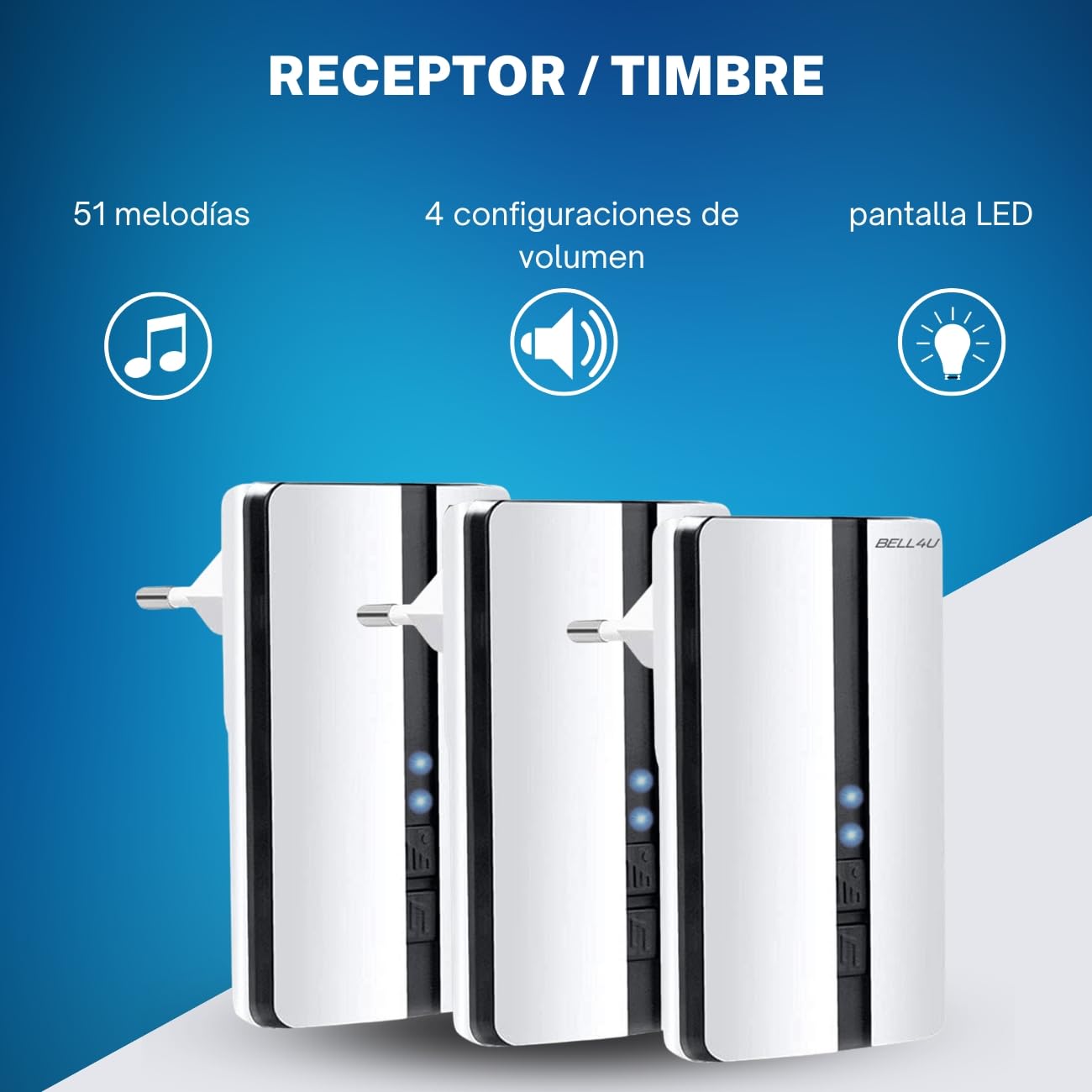 Timbre Inalámbrico 3 Receptor IP65 Impermeable 100m Timbre Inalámbrico Exterior, 4 Niveles de Volumen (0-110dB) y 51 Melodías para Hogar. No Necesita Batería