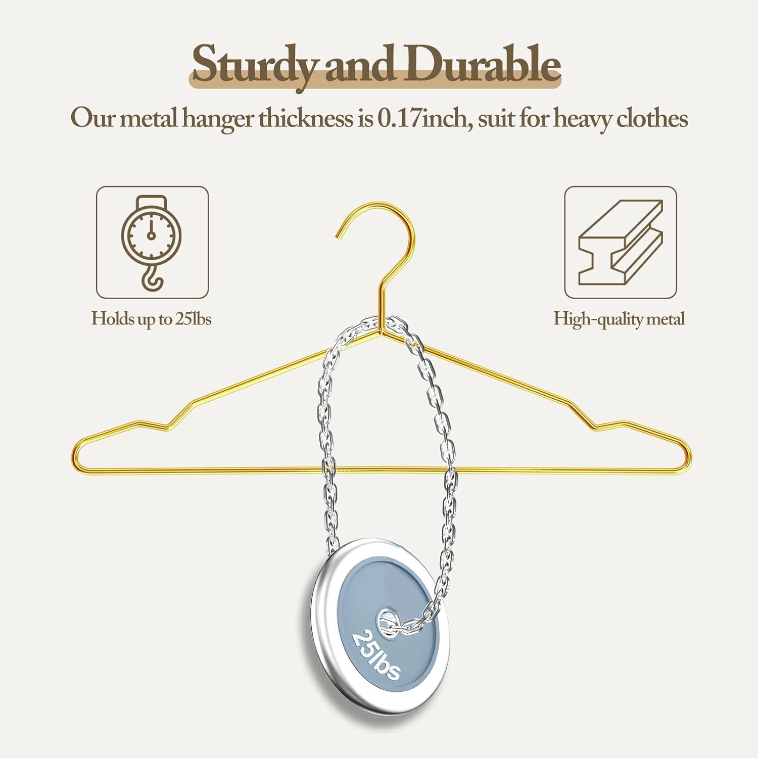 Metal Wire Clothes Hangers Bulk 60 Pack with Notches for Standard Size Coats, Shirts, Suits, Camisole, Dresses, Sturdy, Heavy-Duty, Space-Saving, Gold
