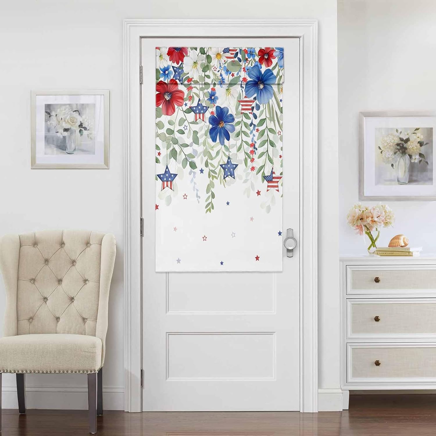 4th of July French Door Curtains for Windows, Red Blue Flower Leaf Star Front Door Window Curtains for Glass, Tie Up Blinds Thermal Insulated Shades 26 x 42 Inch