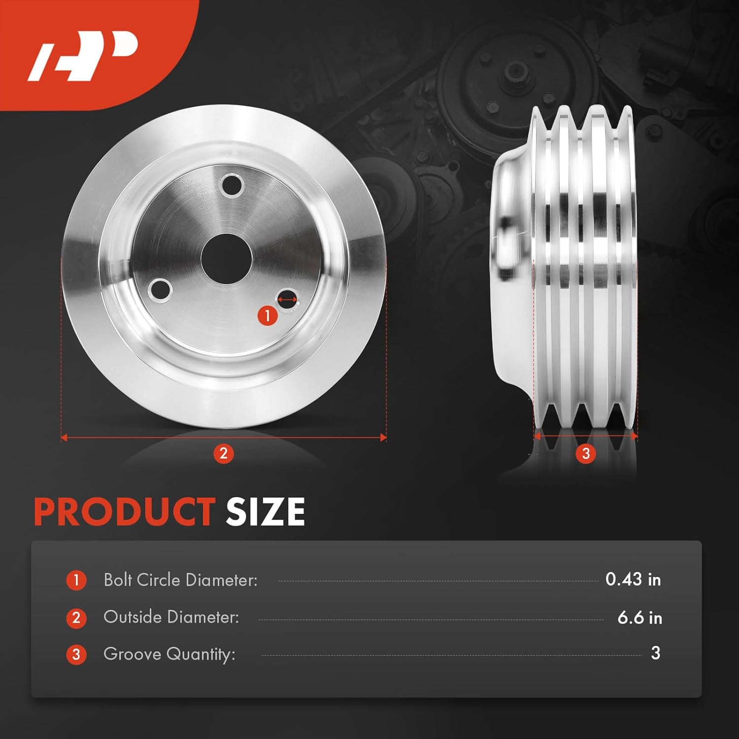 A-Premium 6.6 Inch Crankshaft Pulley with Triple-Groove Machined Aluminum Compatible with 1969-1985 Chevrolet Small Block - V8 283, 302, 305, 307, 327, 350, Long Water Pump