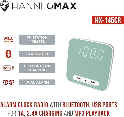 Miniatura 5 de HANNLOMAX Radio despertador HX-145CR, radio FM PLL, reloj digital con alarma dual, 2 puertos USB para carga de 2.4 A y 1 A, entrada auxiliar, solo