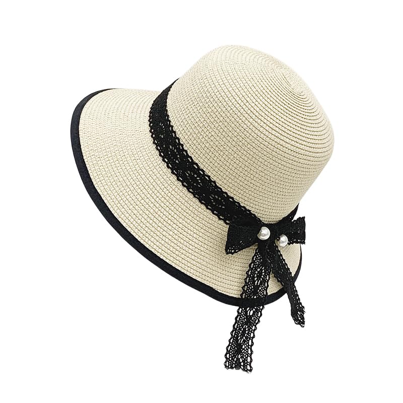 Sombrero de Paja de Verano para Mujer,de ala Ancha,Ligero,con Lazo de Encaje de Perlas,Plegable,Transpirable,para Playa,para Actividades Al Aire Libre
