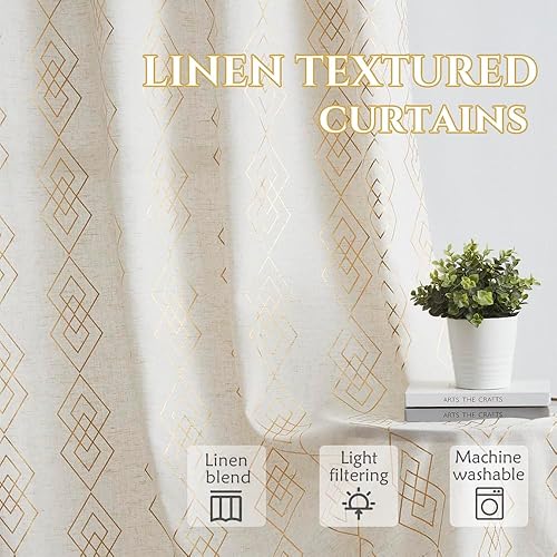 Miniatura 2 de ugoutry Panel texturizado de lino dorado para dormitorio, cortinas bohemias geométricas metálicas para sala de estar, 84 pulgadas de largo, cortinas