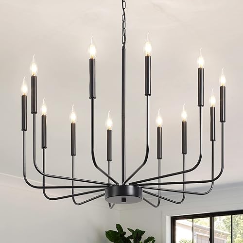 Candelabro negro de granja, 12 luces modernas para comedor sobre mesa, candelabros grandes de metal para sala de estar, cocina, entrada, vestíbulo