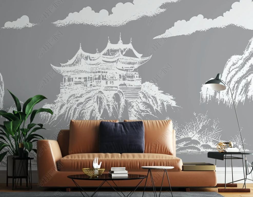 Papier peint intissé dessin au trait de montagne décor mural panoramique salon de standing