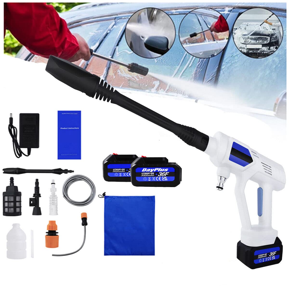 Cordless High Pressure Washer Jet Water Wash Car Cleaner Gun with Accessories 2PCS Battery and Charger Included, 2 Nozzles, 2 Connectors, Foam Pot, 16FT Hose, for Cleaning Patio, Car, Garden, Watering