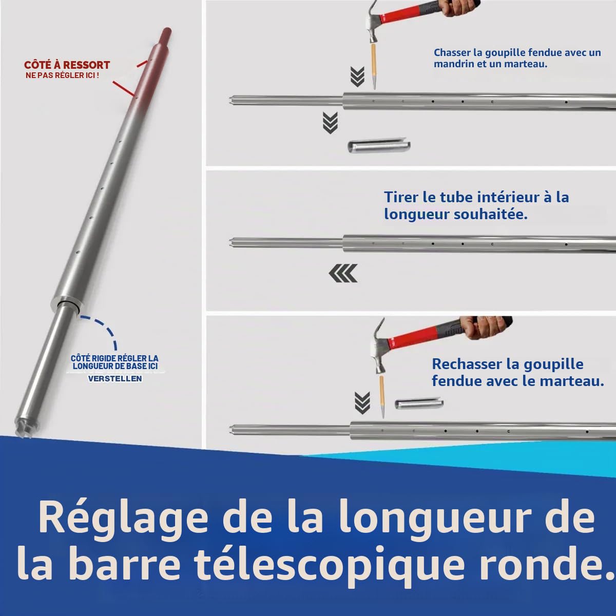 Lot de 4 barres de blocage rondes, barres de blocage, barres de serrage, 2000-2400 mm, tourillon combiné 19/24 mm | pour rail d'aviation | rail d'ancrage combiné | Rail à baguettes