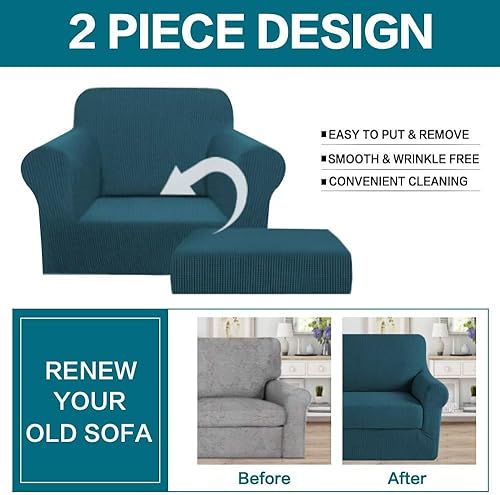 Vista 347 de Turquoize - Funda elástica para sofá de 2 piezas y 3 cojines, funda protectora lavable con elástico en la parte inferior, tela jacquard gruesa