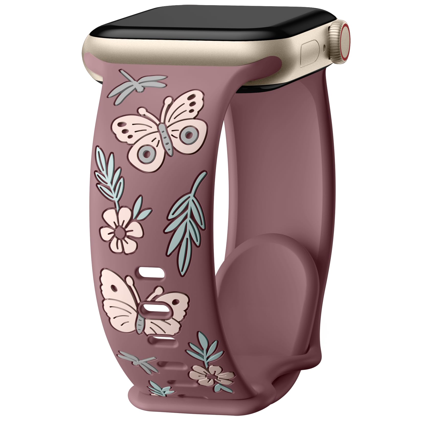 Floral Band Compatible with Apple Watch Band for Women 40mm 38mm 41mm 42mm 44mm 45mm 46mm 49mm, Soft Silicone Engraved Cute Butterfly Flower Sport Strap for iWatch Series 10 9 8 7 6 5 4 3 2 1 SE Ultra