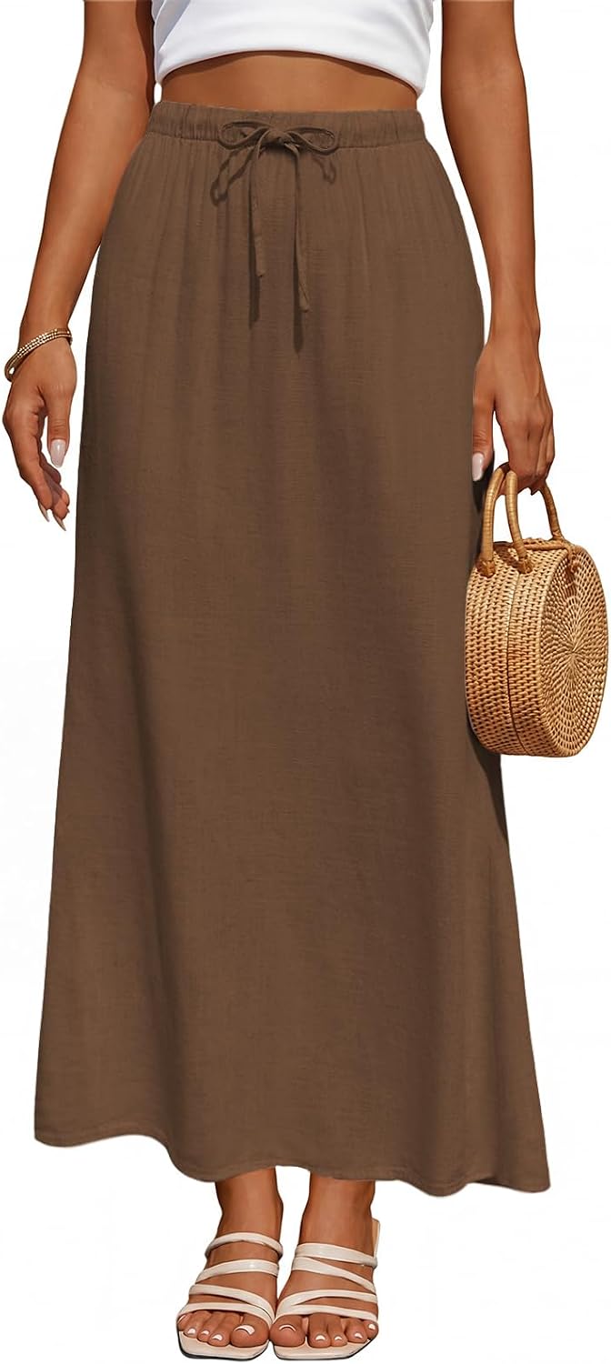 Women's Linen Maxi Skirt Drawstring Back Slit Elastic High Waisted Flowy 2026 Summer White Long Skirts for Women