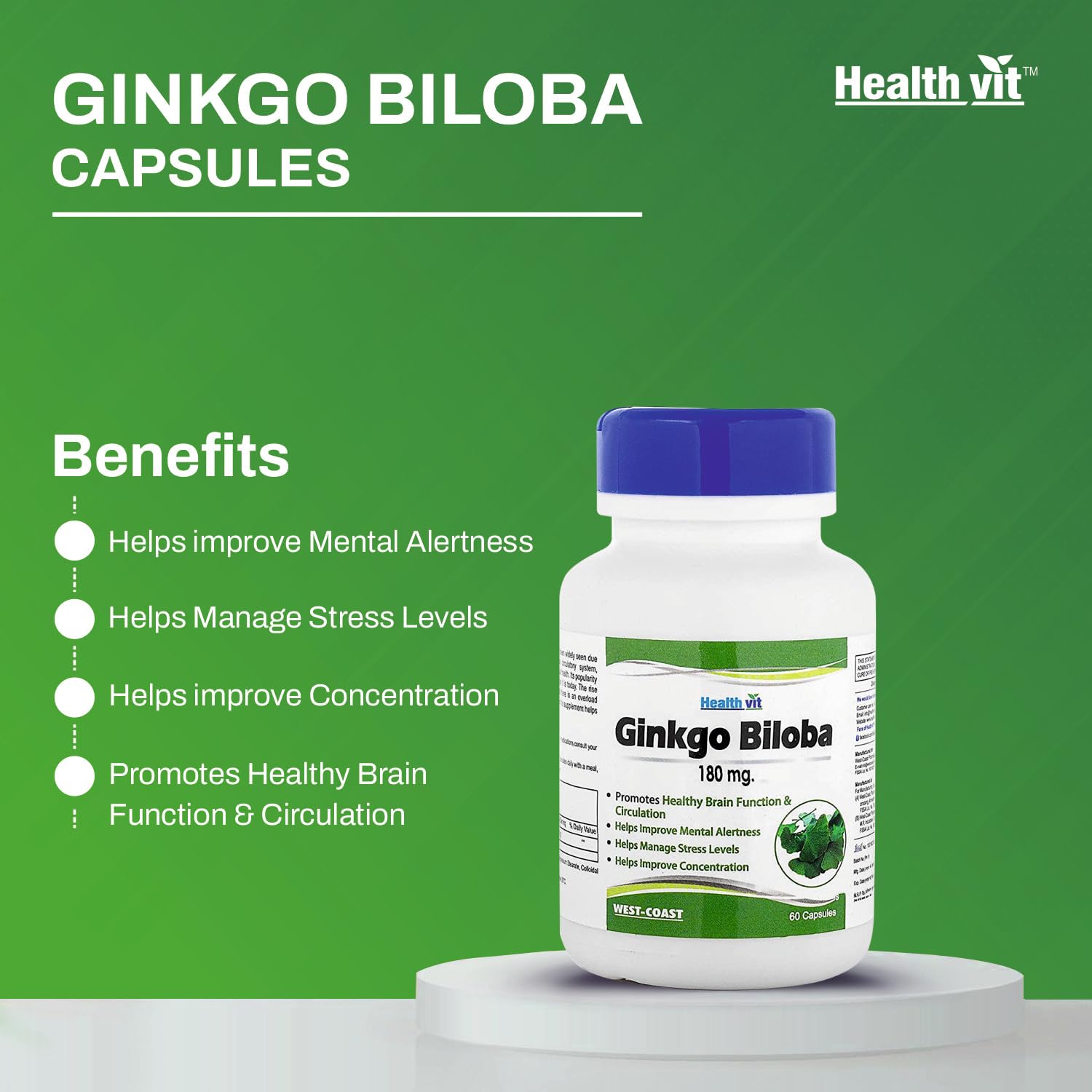 Healthvit Ginkgo Biloba 180mg For Healthy Brain Function | Manage Stress Levels | Improve Mental Alertness | Improve Concentration - 60 Capsules - Image 4 thumbnail