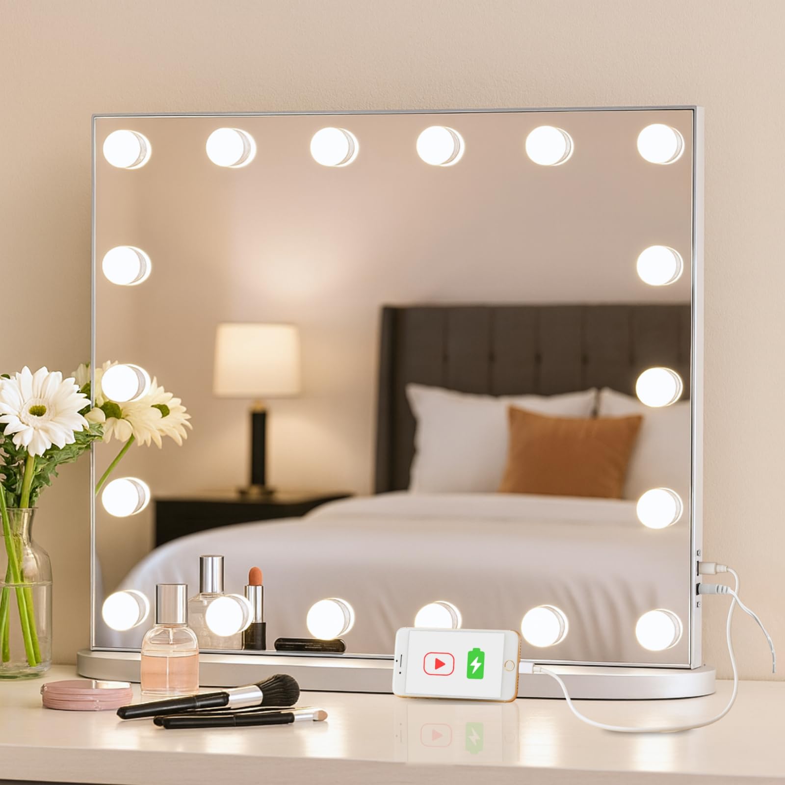 LUXFURNI Vanity Mirror with Lights, 23.6" Hollywood Makeup Mirror Silver