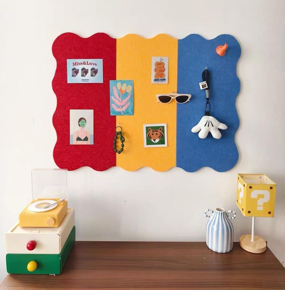 Three Primary Colors Felt Pin Board,Decorative Vision Board with Pushpins,Corkboard Alternative,Self-Adhesive Bulletin Boards for Photo Memo DIY (Red Yellow Blue 2,47"x23.6")