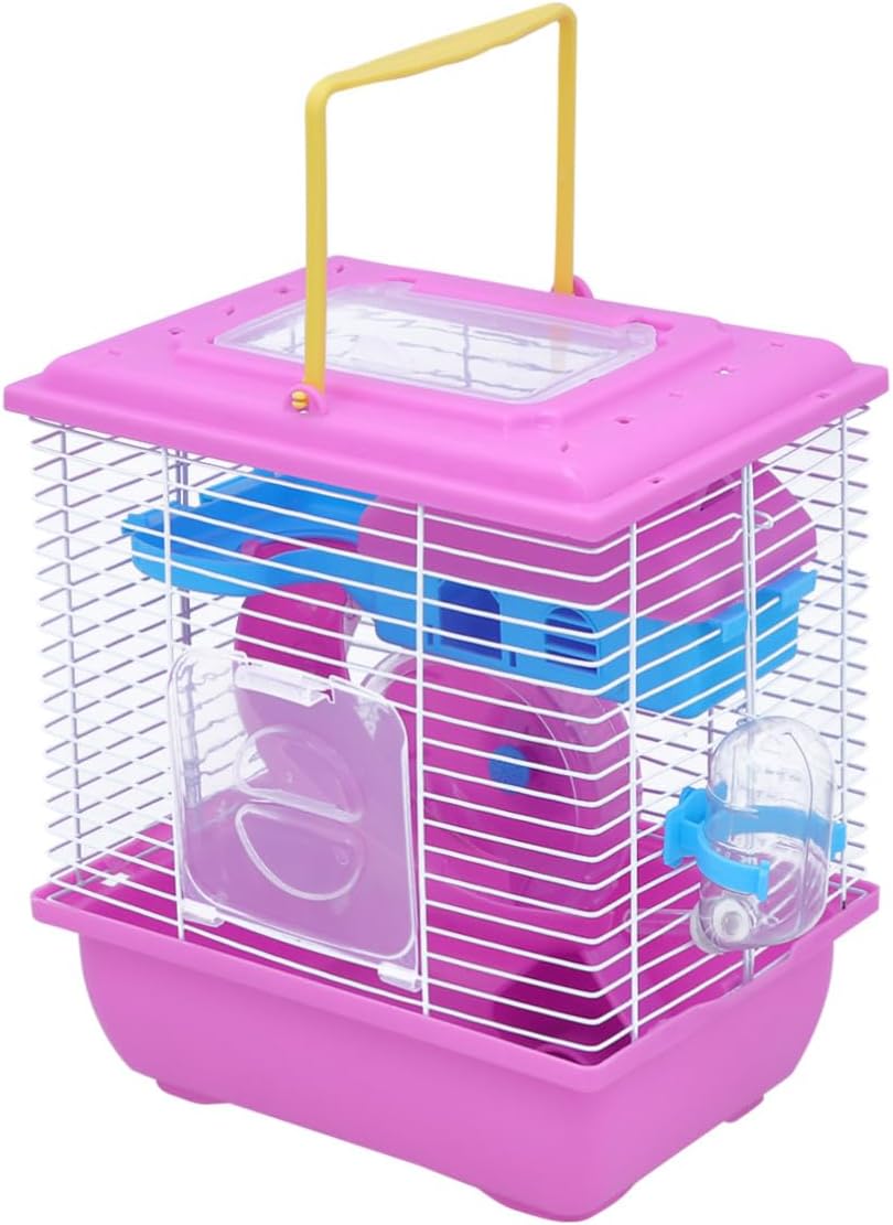 Double Layer Small Pet Villa Cage with Slide and Running Wheel Portable Acrylic Hamster House with Leakproof Water Bottle Pink Small Animal Habitat for Hamsters and Chinchillas
