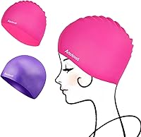 Vista 1 de Paquete de 2 gorros de natación para niños y niñas, unisex, de silicona, para niños de 4 a 12 años, ajuste cómodo para cabello largo y cabello corto