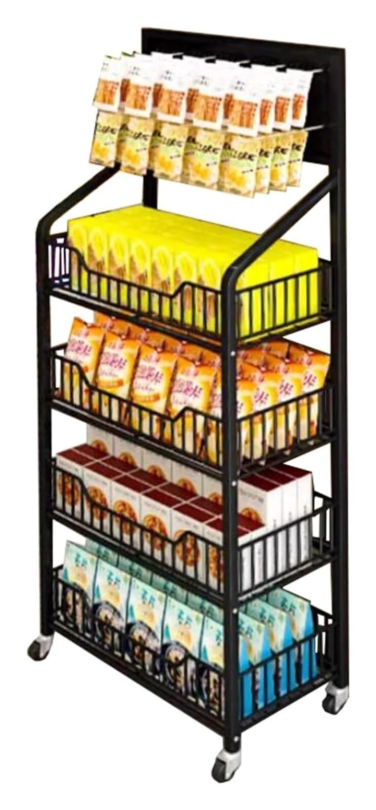Expositor metálico de 4 Niveles para Snacks con Ruedas y Ganchos: Ideal para Cine en casa y Tiendas, solución de Almacenamiento en mostrador (60 x 27 x 140 cm)