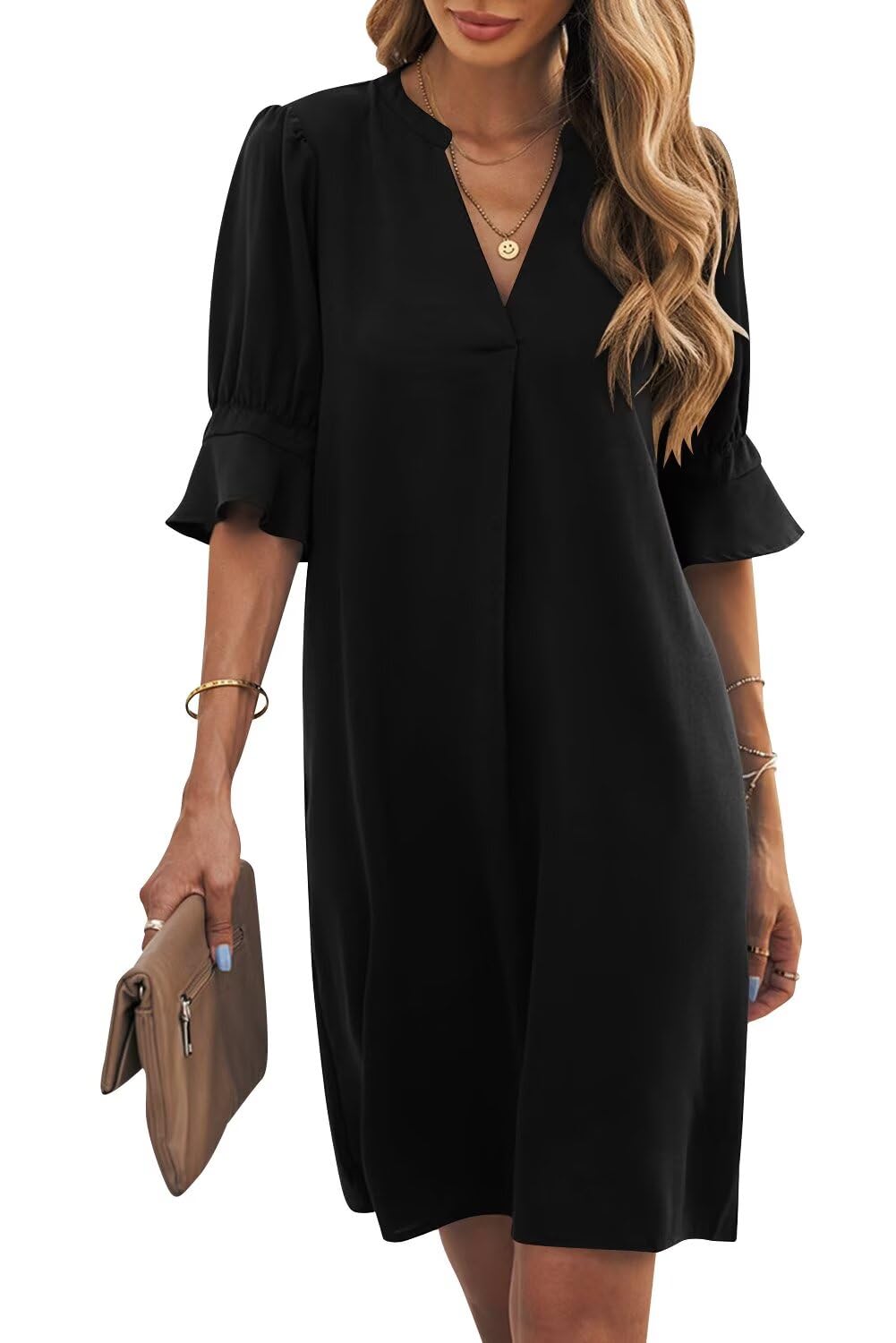 Wkior Shift Dress for Women V Neck Short Sleeves Solid Color Casual Flowy Summer Dresses(S-2XL)