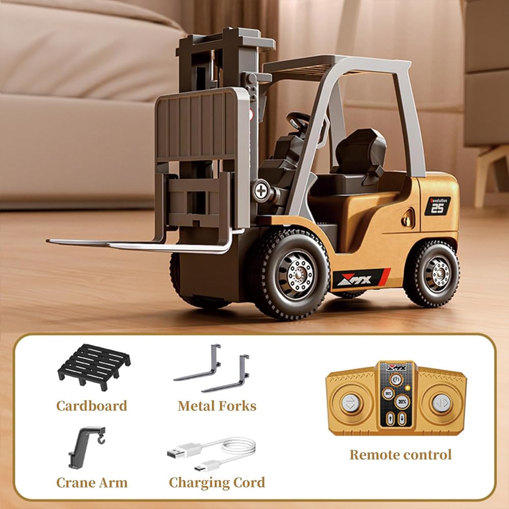Juguete de excavadora teledirigido 1:64, luz de 2,4 GHz y efectos de sonido para niños, mini carretilla elevadora con horquillas de carga, paleta, vehículos de construcción de aleación