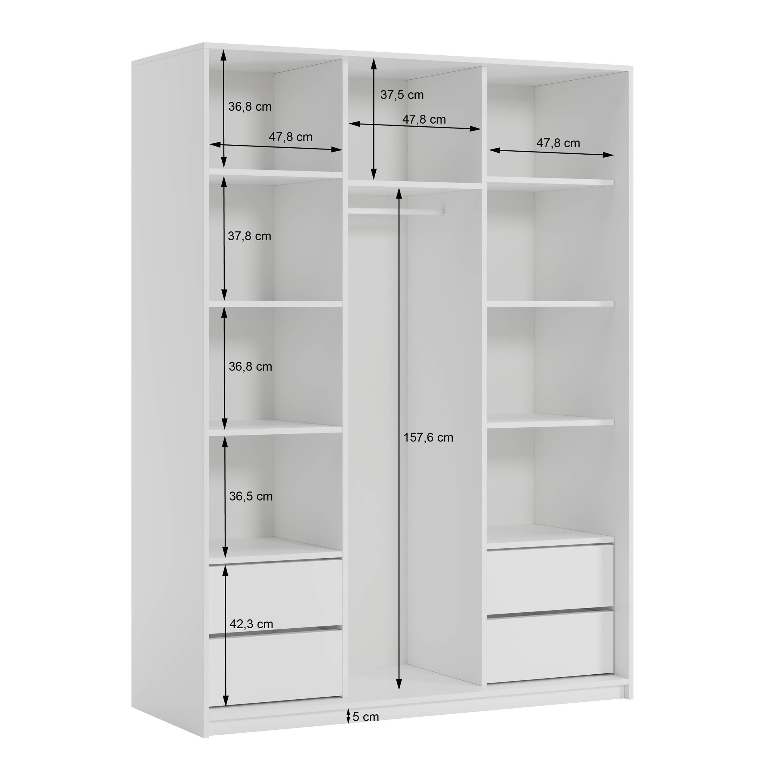 Masseno Schwebetürenschrank TAVI 150/205/60 cm Kleiderschrank mit Schubladen Schlafzimmer Schiebetürenschrank 3-türig mit Spiegel Graphitfarben + Satin