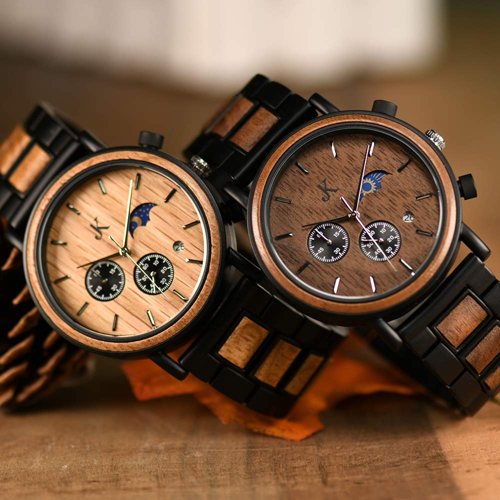 Kim Johanson Orologio da polso da uomo in legno e acciaio inox, Military, marrone scuro, cronografo con display sole e luna, realizzato a mano, orologio analogico al quarzo, con confezione regalo