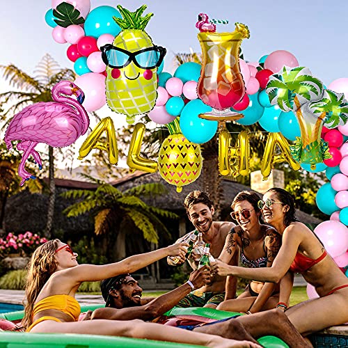 Winrayk 110Pcs Tropical Hawaiian Aloha Balloon Garland Arch Kit Luau Party Decorations With Palm Leaves Flamingo Pineapple Juice Palm Tree Gold Aloha Balloon Summer Beach Party Decorations Supplies #TOP6