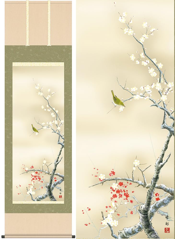 紅白梅 うぐいす 梅日本画 田村竹世 紅白梅にうぐいす 尺三立 版画