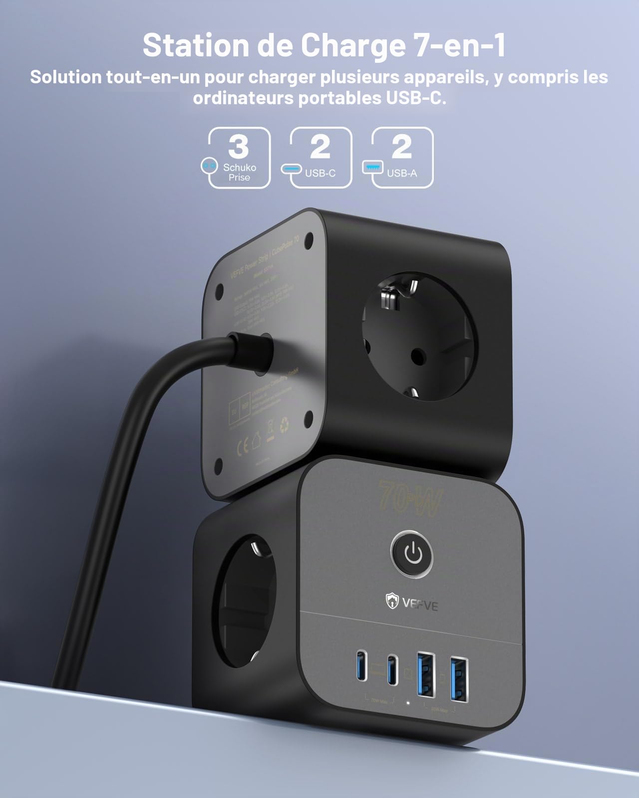 VEFVE Multiprise Cube 7 en 1 (Attention : Standard Allemand Schuko), Chargeur USB-C 70W GaN, 3 Prises (3680W) & 4 USB avec Interrupteur, Câble 3m, pour Laptops et Smartphones, Noir