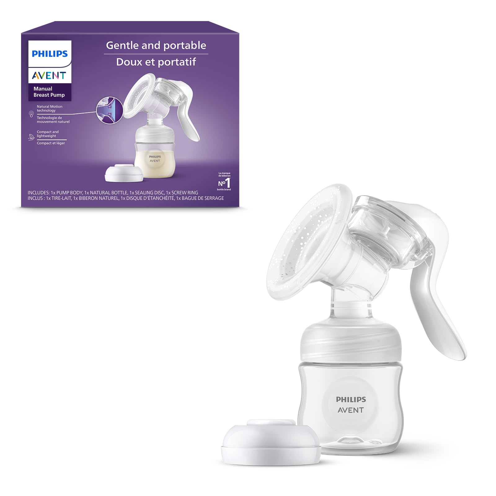 Philips Avent Manual Breast Pump, Easy Pumping with Natural Motion Technology, Silicone Cushion, 4oz Natural Bottle, Sealing Disc, Screw Ring, Transparent, Model SCF430/03
