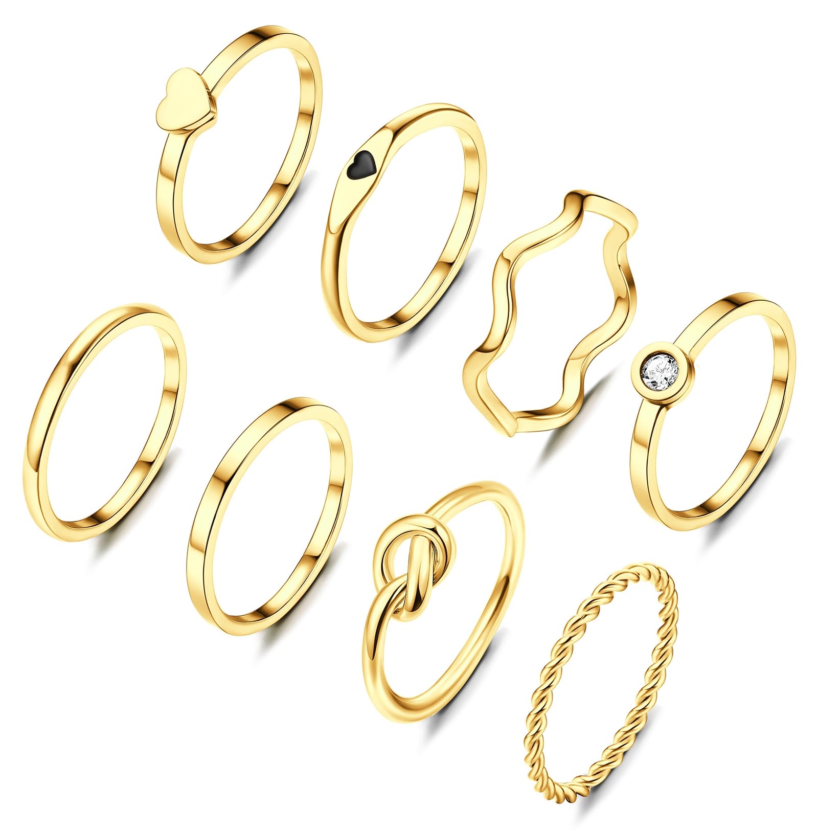 8-Piece 2 mm Ring Set Silver/Gold for Women Stainless Steel Plain Thin Heart Knot Twist Rings Set Minimalist Stackable Thumb Ankle Finger Ring
