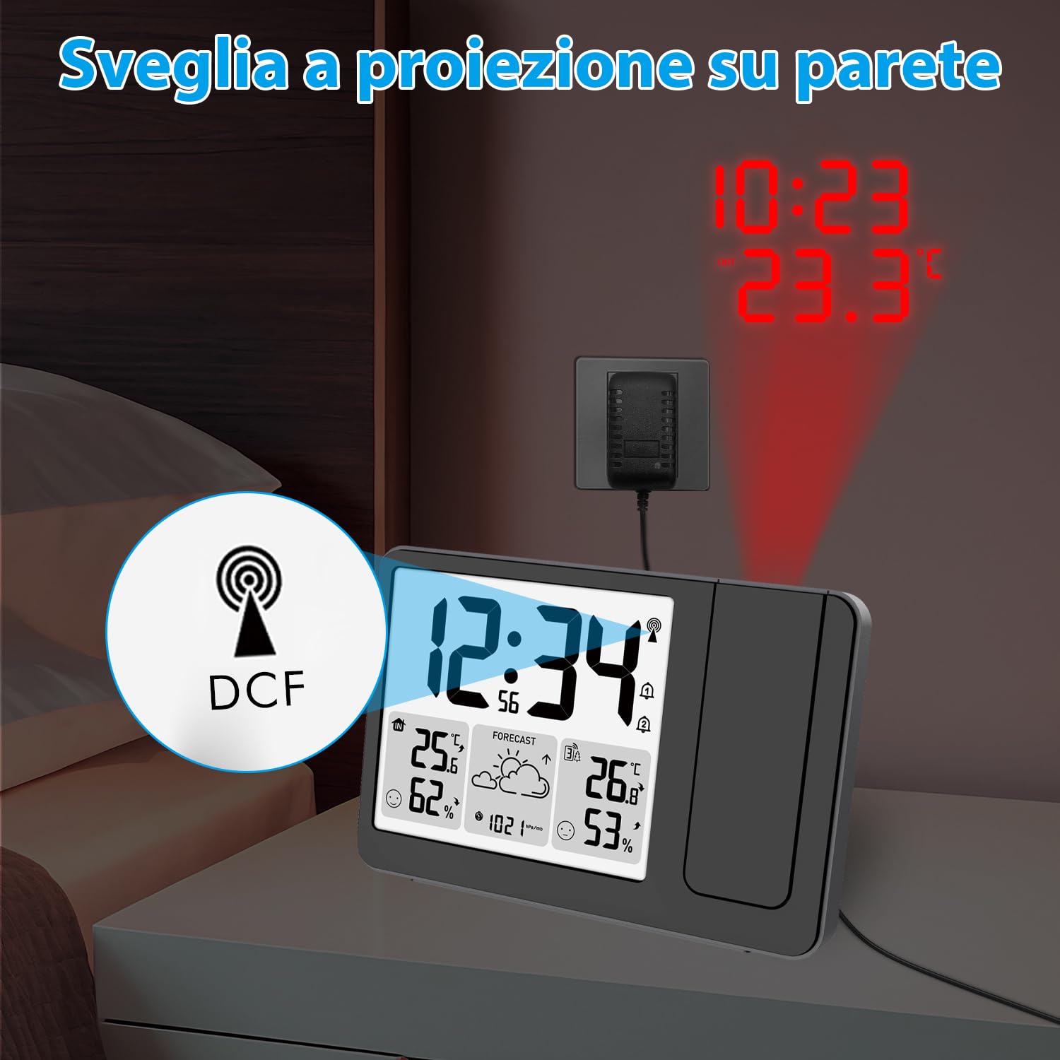 Uzoli EM3539E Sveglia con proiettore soffitto e stazione meteo, Orologio radiocontrollato, Temperatura, Umidità, Previsioni meteo, Livelli di comfort, Proiettore con rotazione a 180°, 1 Sensore