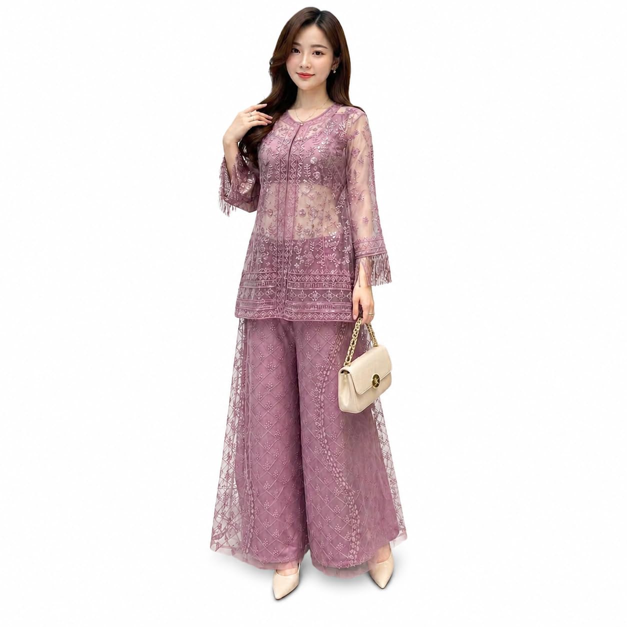Women's Mauve Embroidered Co-Ord Set | Premium Net Top with Inner & Palazzo Pants | Ethnic Outfit-image-20