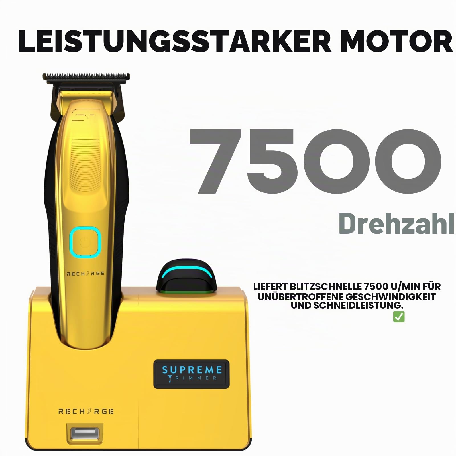 Supreme Trimmer Recharge ST777 – Professional Barber Trimmer with 2 Removable Batteries | 8000 RPM Motor, Smart Charging Dock, USB-C Fast Charge (Gold)