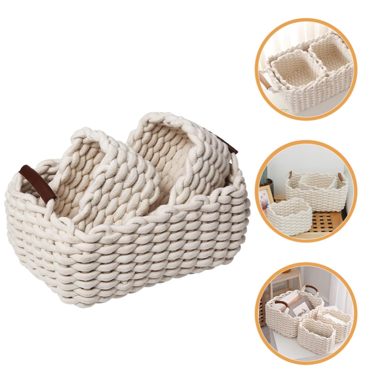 Cesta Portaoggetti Intrecciata in Corda di Cotone Bianca, Set 3 Pezzi | Manico in Cuoio, per Casa e Scaffale, Formato Piccolo e Grande, Adatta a Oggetti Vari