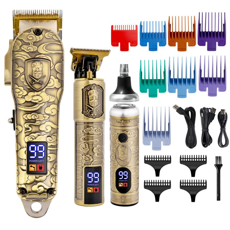 HATTEKER HT-658 Ultra Premium Metal Housing Hair Clipper & Beard Trimmer Set - Nose & Ear Trimmer, Powder Metallurgic Blade, Digital Display, 12 Guide Combs, T-cutter, 0 Gapped, Gold