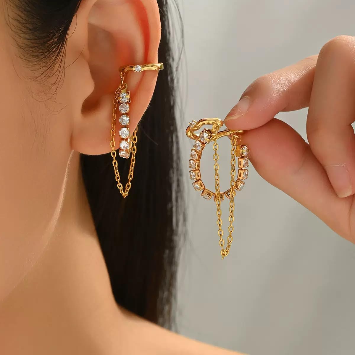 14K Gold Plated Crystal Chain Ear Cuff Dangle Earrings for Women Non Piercing - Non Tarnish Clip on Cartilage Earrings Fake Earring Trendy Jewelry - Image 3