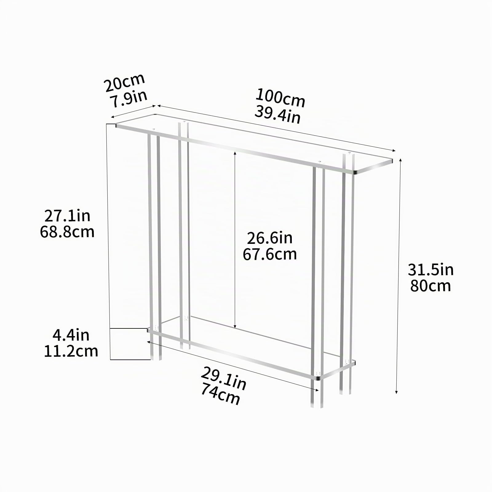 Mesa Consola, Mueble Recibidor Entrada, Acrilico Metacrilato Cristal, Estrecho Transparente, 100 x 20 x 80 cm
