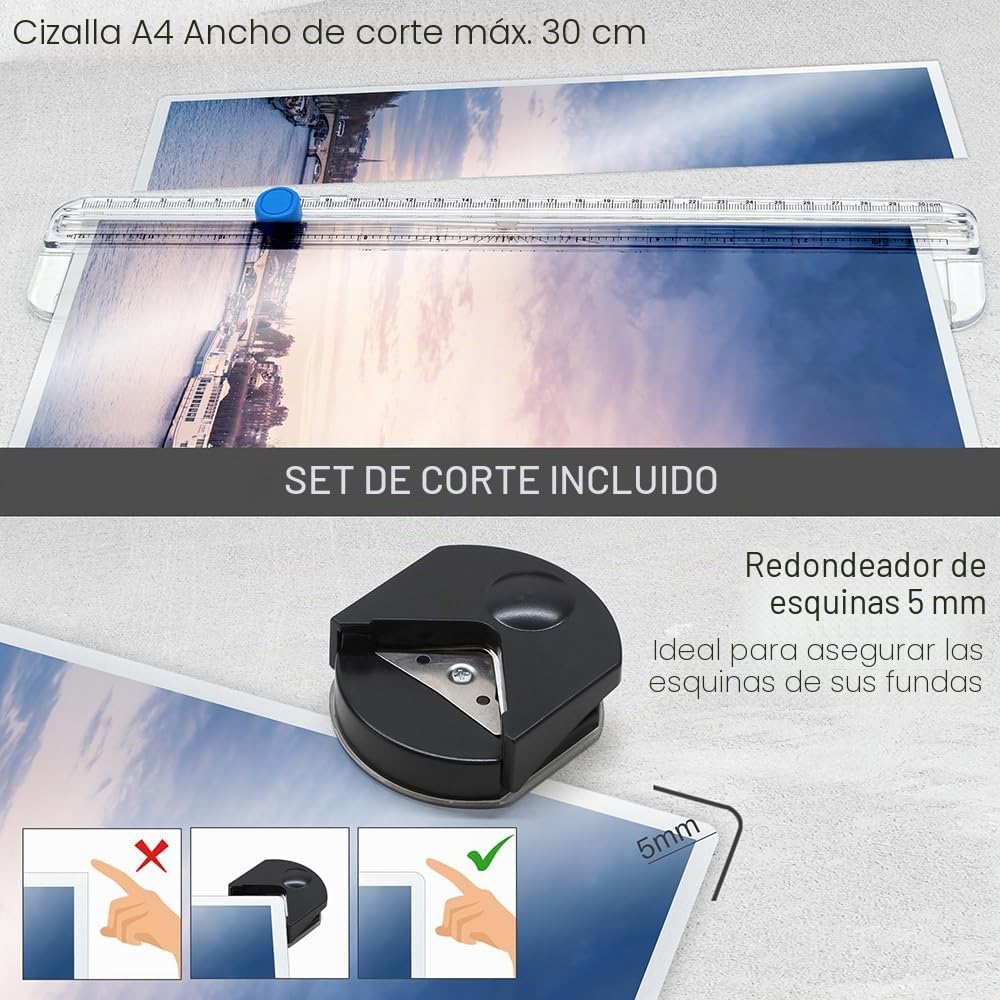 Waytex 78208 - Laminadora A3 A4 A5 A6 Pro Ultra Rápida Laminación en Caliente y Frío hasta 2 x 250 micras con temperatura ajustable + 1 recortador y 1 ángulo de corte