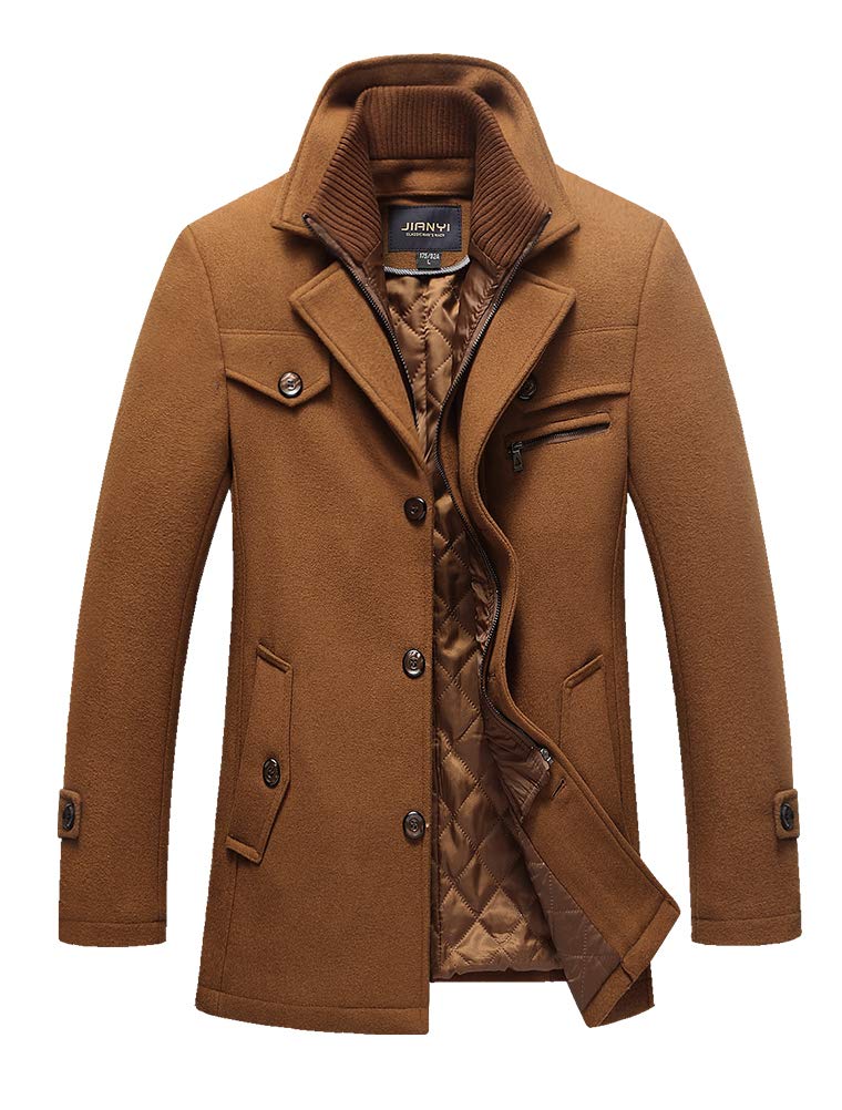 Men's Quilted Wool Coat Slim Fit Single Breasted Thick Walker Coat with Romveable Collar |Camel |M