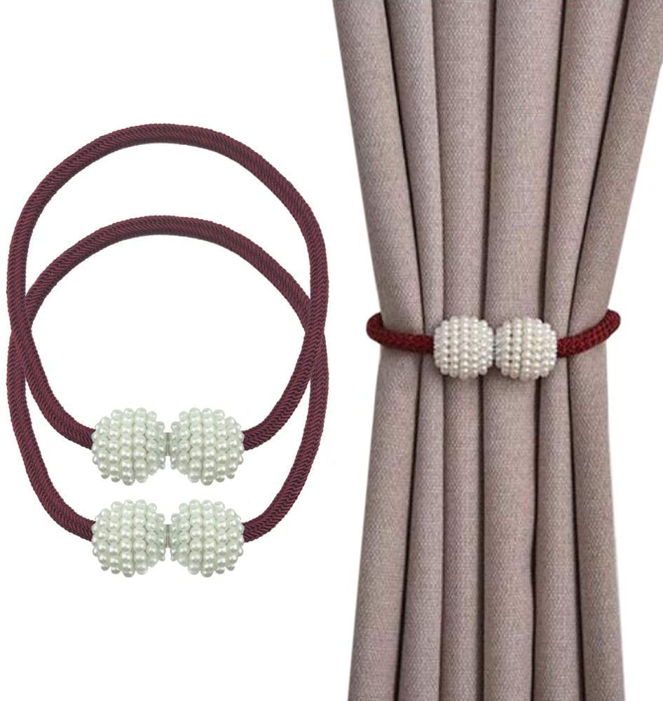 Sujetacortinas magnéticos de cuerda gris plata y hebillas de perla rojo vino para salón