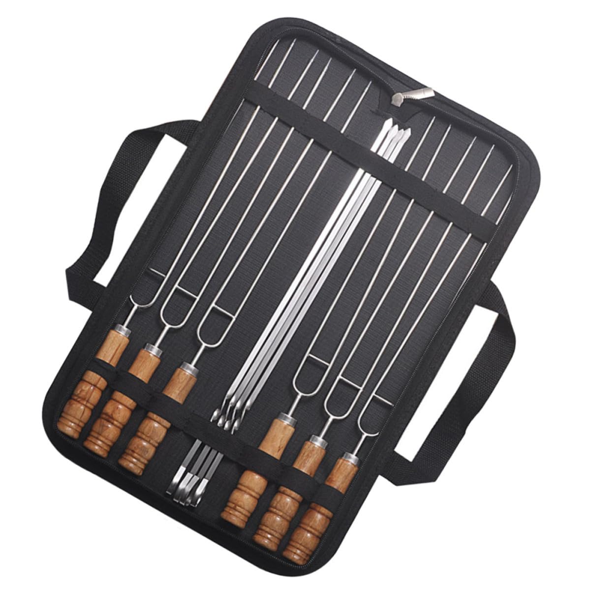10 Pezzi Spiedini per Barbecue in Acciaio Inox con Manico in Legno e Borsa, Spiedini per Grigliata Neri, Antiruggine, per Cena in Famiglia e Grigliate All'aperto