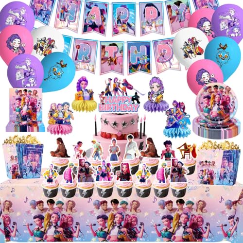 KPop Demon Hunters Party Set for 16 Guests with Banner, Tablecloth, Plates