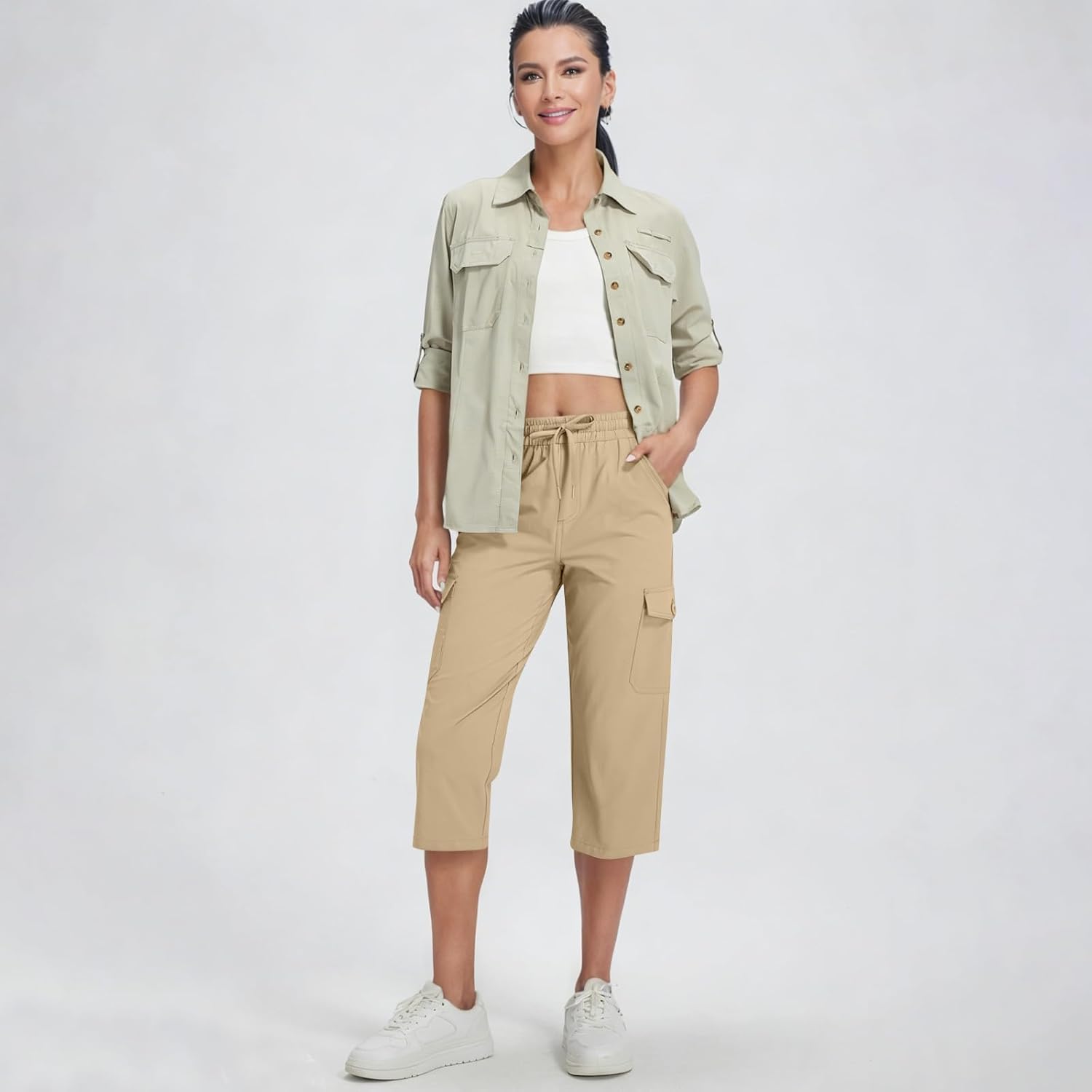 Cargo Capris for Women with Pockets Quick Dry Summer Travel Hiking Capri Pants Comfy Casual Drawstring Running Cropped Pants