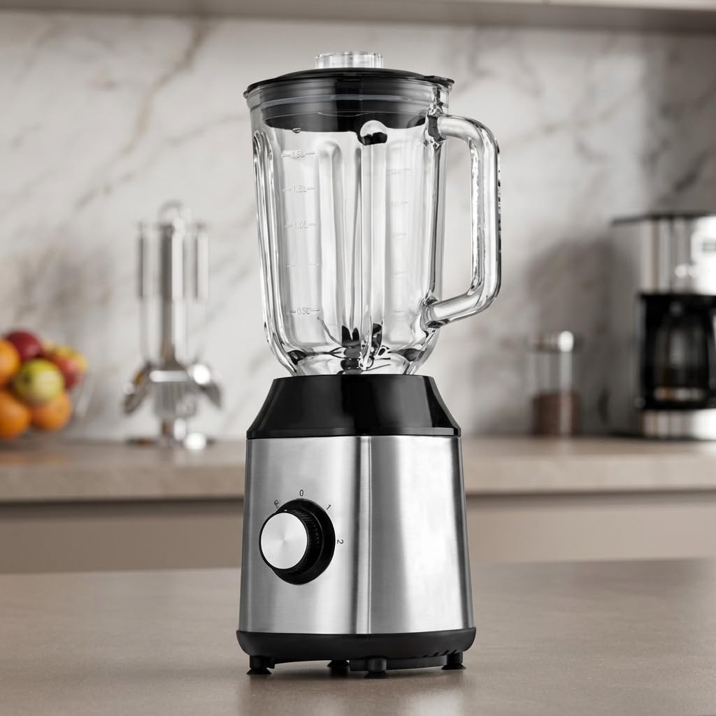 Suinga Frullatore a bicchiere in acciaio inox da 1,5 litri, 600 W e 2 velocità, dimensioni 17,8 x 17,8 x 40 cm
