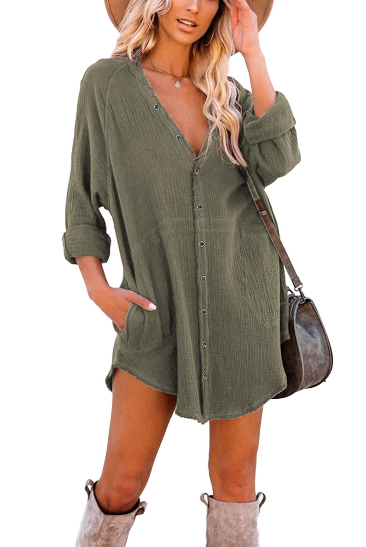 iGENJUNWomen's Long Sleeve Beach Cover-ups Button Down Oversized Tunic Dress Shirt Boho Dresses with Pockets