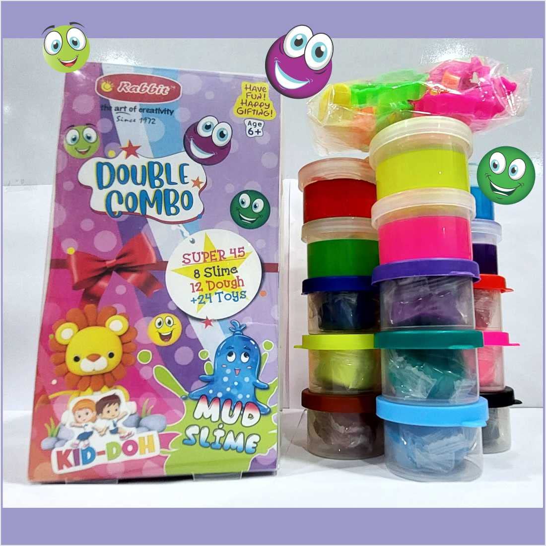 Rabbit Dough & Slime Double Combo Pack | 12 Soft Modelling Doughs + 8 Galaxy Slimes + 24 Fun Moulds + Roller & Cutter | 24 Vibrant Shades | Creative Play Set for Kids Age 3+ | Multicolor Toy Gift