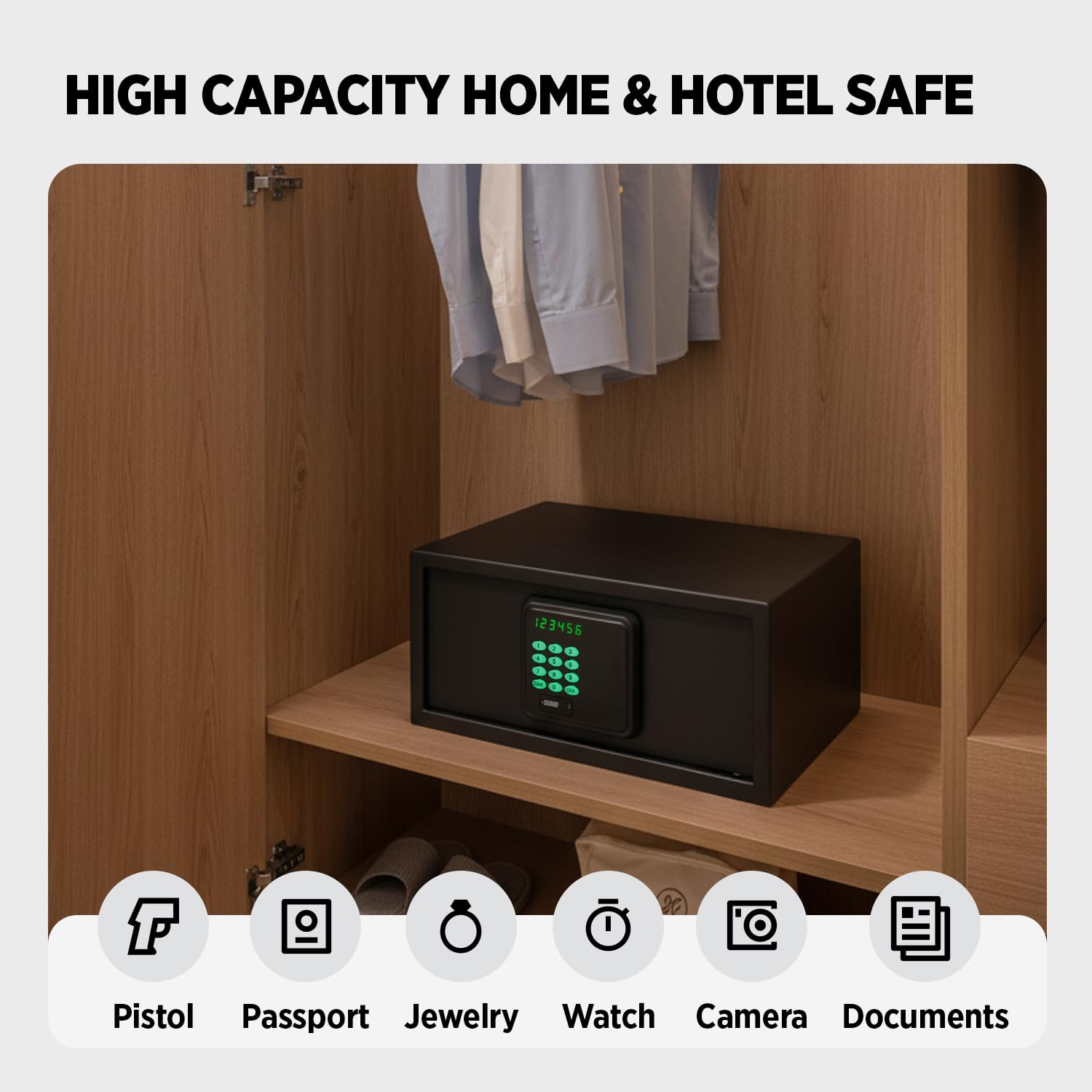 Hoteltresor mit digitaler Tastatur, 3,5 m³, Befestigung an der Bodenwand, Gelddokumente, Bürotresor für iPhone, Schmuck, Waffe (schwarz, digitaler Code)