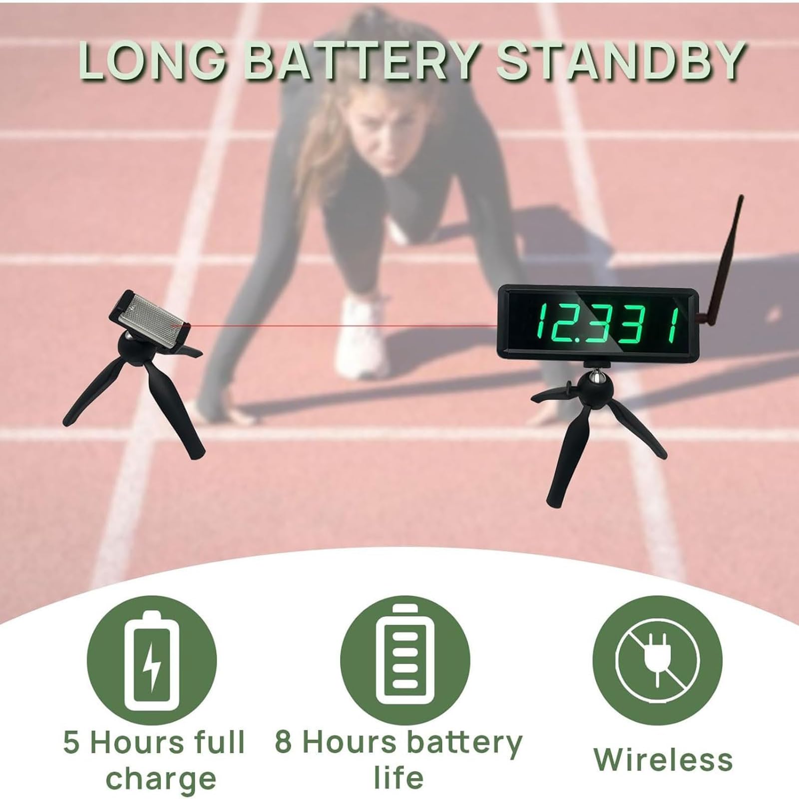 Reloj LED de 5 dígitos con trípode, temporizador de carreras portátil para punto de inicio y punto final, soporte ajustable, distancia efectiva > 8 m